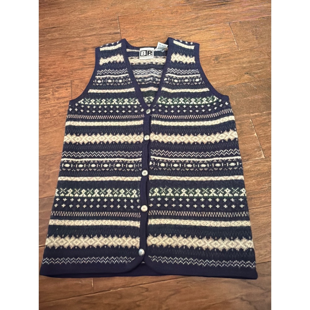 BP Nordstrom Mens Medium Shetland Wool‎ Fair Isle Sweater Vest Navy Blue
